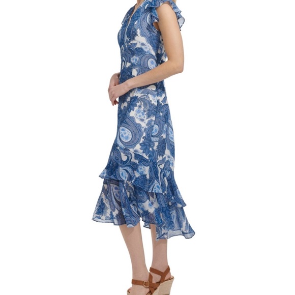 Tommy Hilfiger Chiffon Blue/White Paisley Flutter Sleeve Ruffle Hem Midi Dress 4 - Picture 4 of 5
